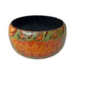 Hand Painted Marsaili Mackenzie Floral Bangle Bracelet Green & Orange Wood